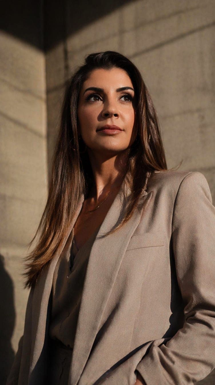 Mariana Rieping, advogada criminalista, de blazer claro, olhando para o horizonte