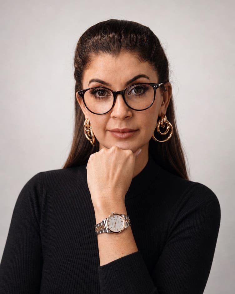 Mariana Rieping, advogada criminalista, de óculos e blusa preta, em retrato com a mão apoiada no queixo